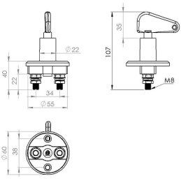 Comutator izolare baterie, negru, M8, 12/24V, 150A/500A (5sec), IP40