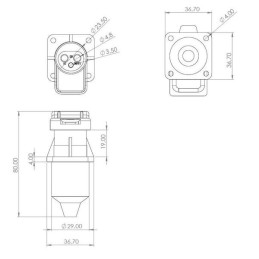 Soclu 3 pini, plastic, 12/24V, terminale lamă, fixare cu 4 șuruburi