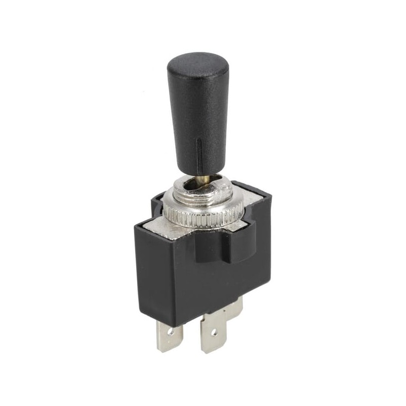 Întrerupător, on-off-on, 12-24VDC, 10A, 125-250VAC, 2A, 3 pini, conectori lamelari, piuliță metalică, capac de plastic