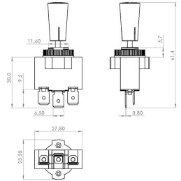 Întrerupător, on-off-on, 12-24VDC, 10A, 125-250VAC, 2A, 3 pini, conectori lamelari, piuliță metalică, capac de plastic