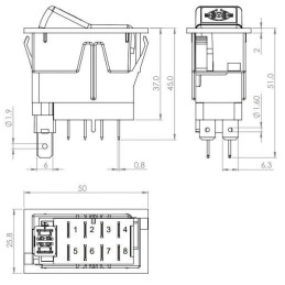 Întrerupător basculant, I-0-(II), on-on-mom, 12V, 8 pini, blocare diferențială