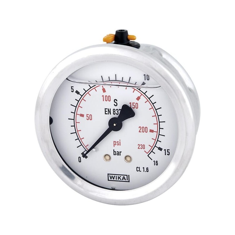 Manometru cu glicerină Ø63 mm, 16 bar, racord spate 1/4"
