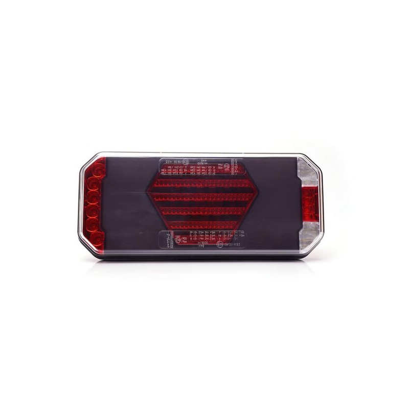 Lampă spate multifuncțională LED, stânga, cu plăcuță de înmatriculare laterală, roșu/portocaliu/alb, 12-24V, 236x104x40.5mm