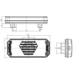 Lampă spate multifuncțională LED, stânga, cu plăcuță de înmatriculare laterală, roșu/portocaliu/alb, 12-24V, 236x104x40.5mm