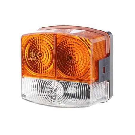 Lampă semanlizare și poziție dreapta 21/10W pătrată 12V galben/transparent cu șuruburi 95x54.5x90mm Hella