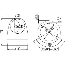 Girofar rotativ halogen rotund 24V galben montare cu șurub diametru 130mm x174mm Hella